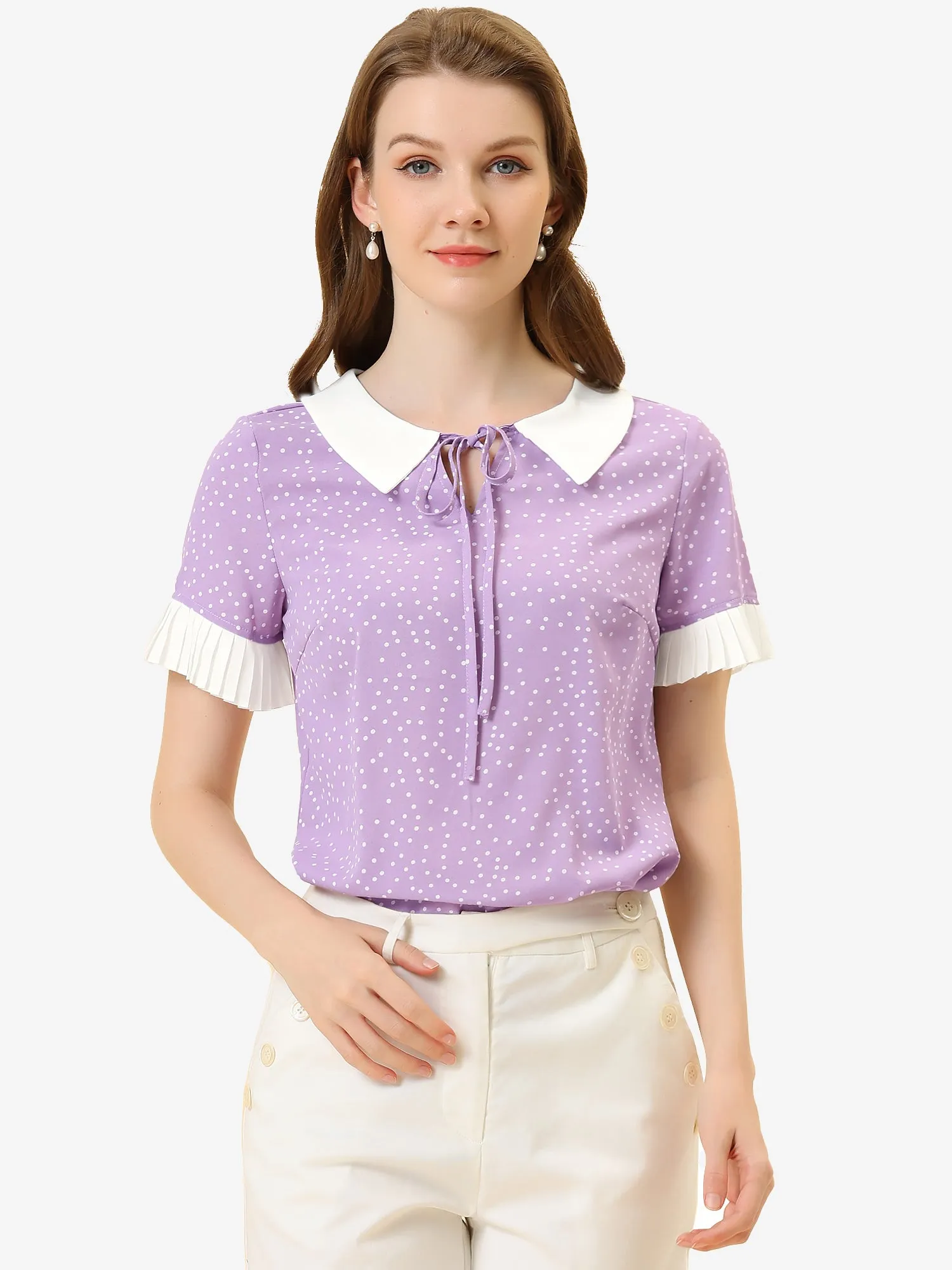 Contrast Doll Collar Polka Dots Tops Short Sleeve Blouse