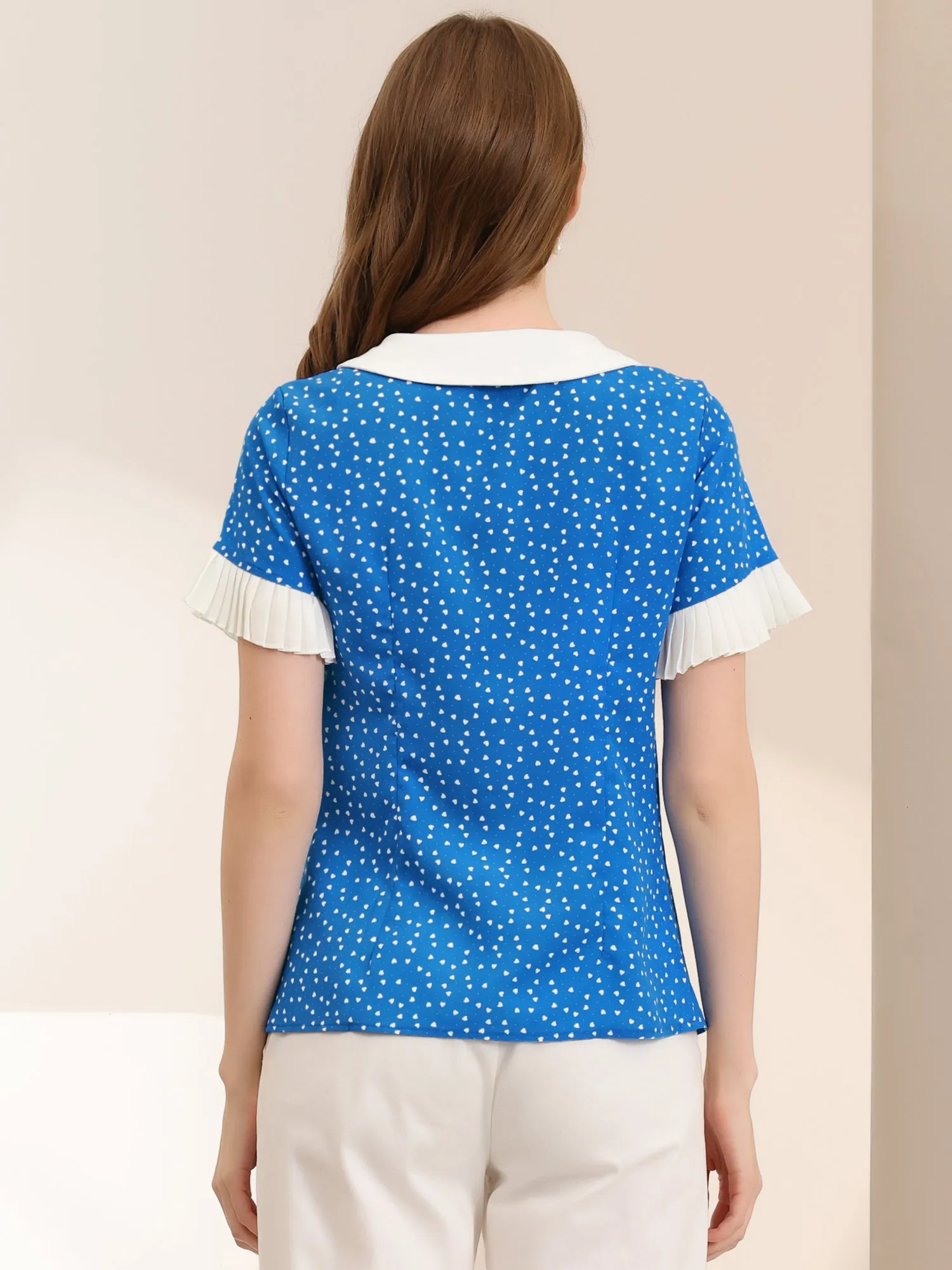 Contrast Doll Collar Polka Dots Tops Short Sleeve Blouse