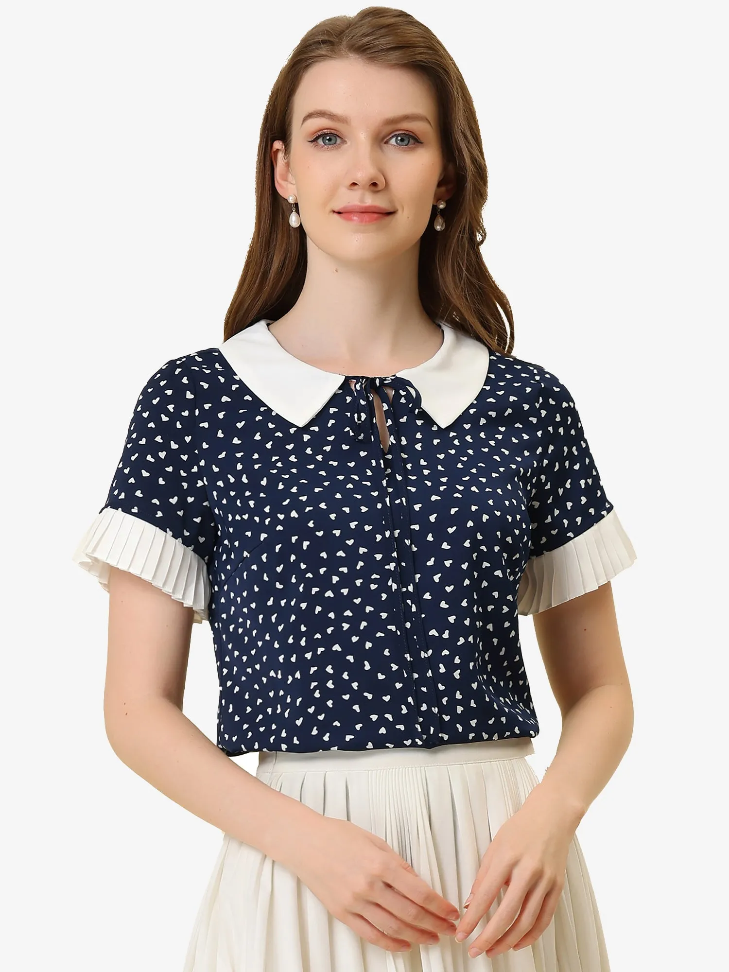 Contrast Doll Collar Polka Dots Tops Short Sleeve Blouse