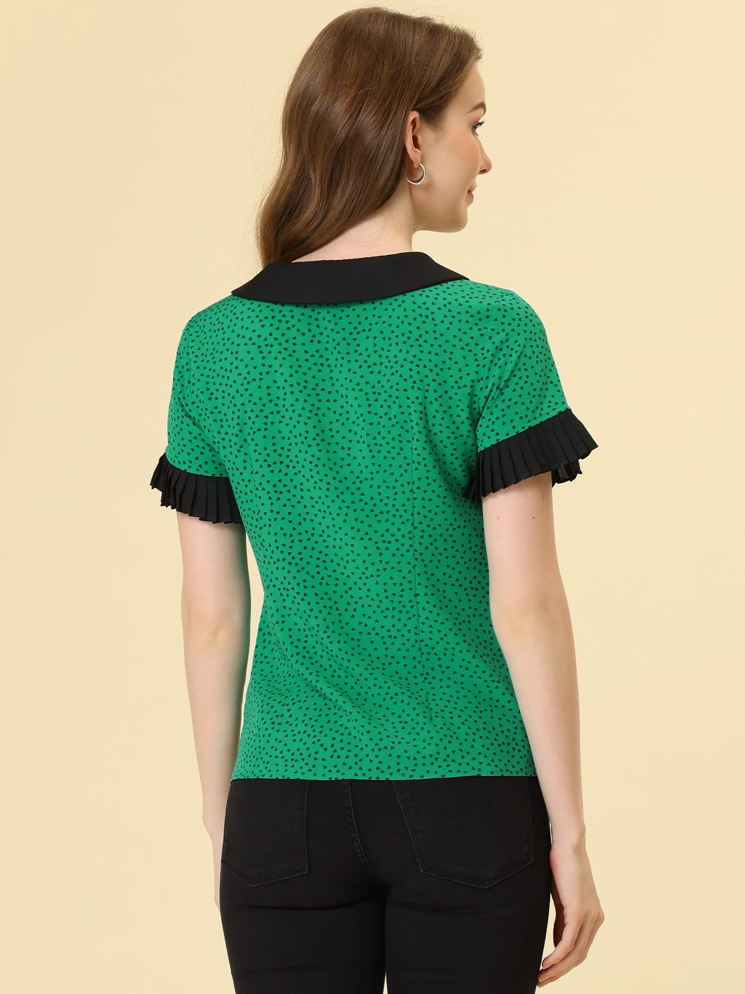 Contrast Doll Collar Polka Dots Tops Short Sleeve Blouse