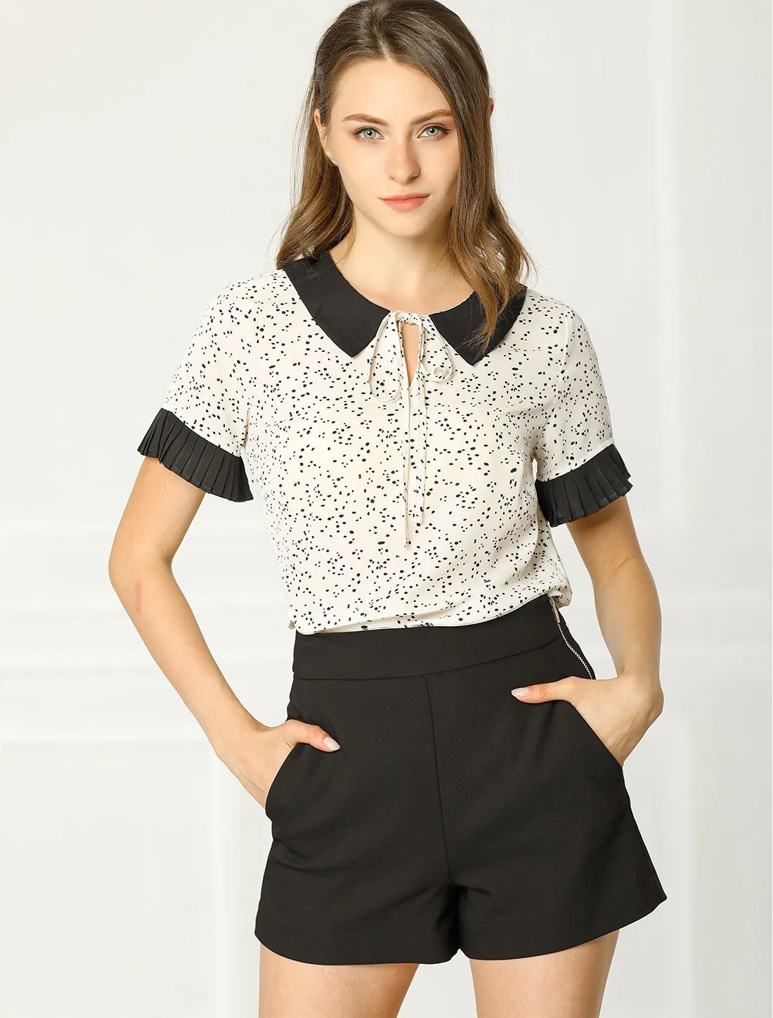 Contrast Doll Collar Polka Dots Tops Short Sleeve Blouse