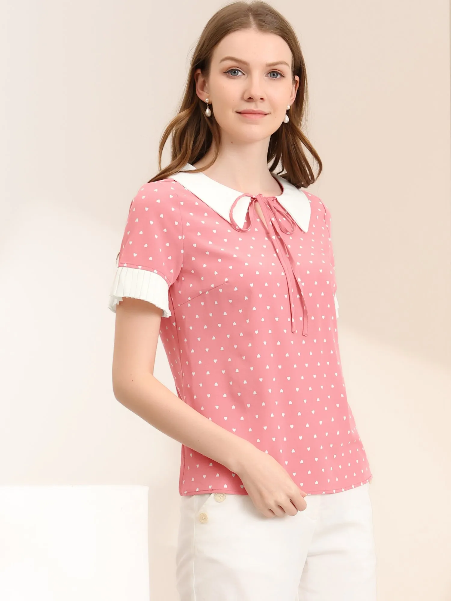 Contrast Doll Collar Polka Dots Tops Short Sleeve Blouse