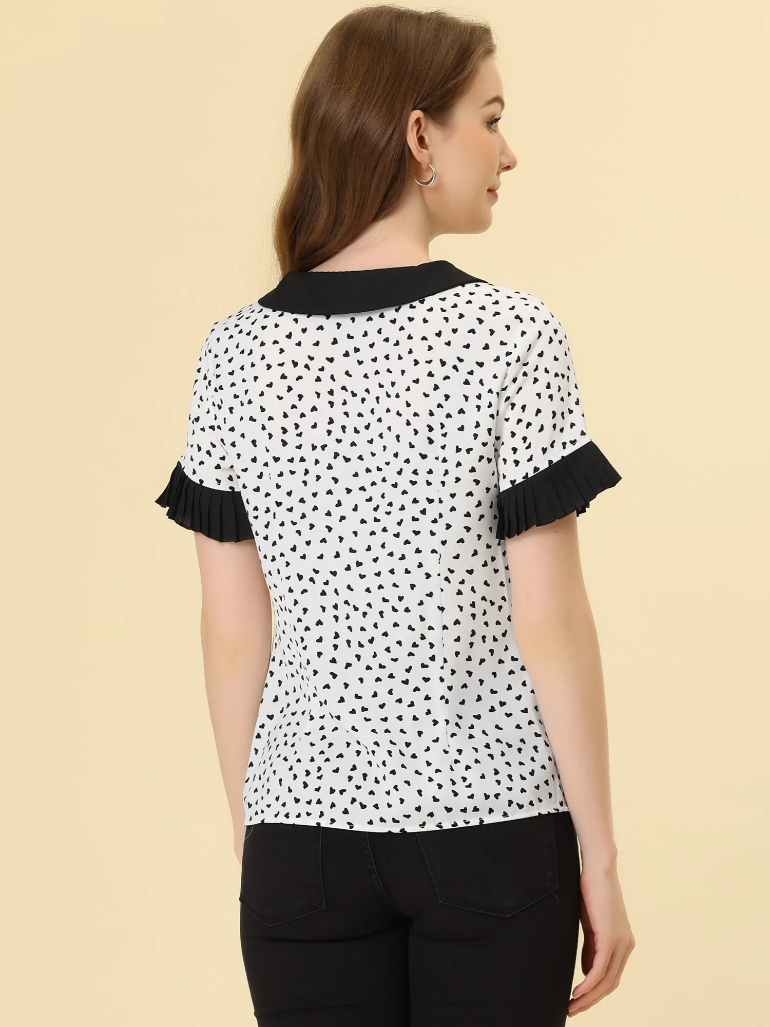 Contrast Doll Collar Polka Dots Tops Short Sleeve Blouse