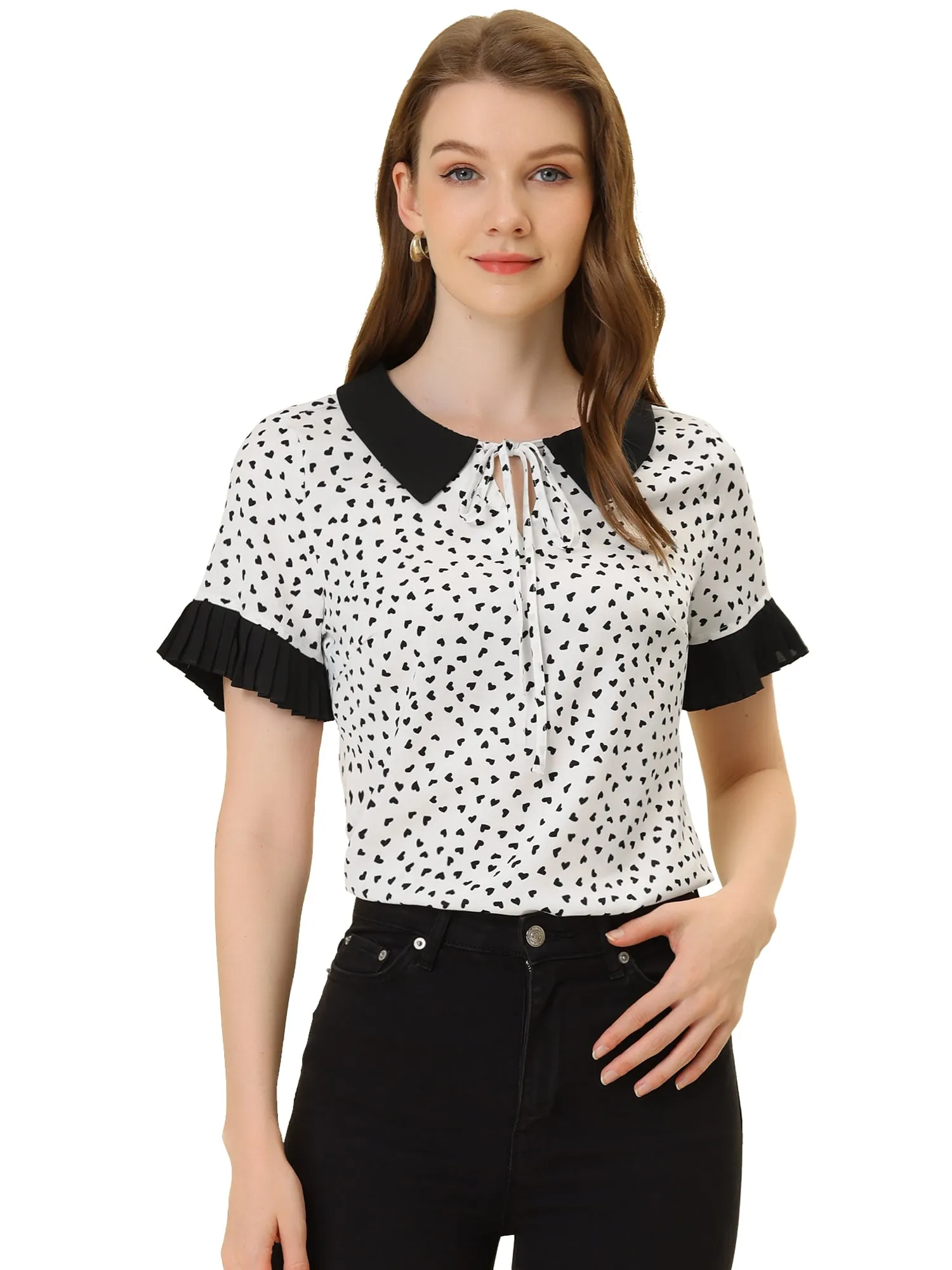 Contrast Doll Collar Polka Dots Tops Short Sleeve Blouse