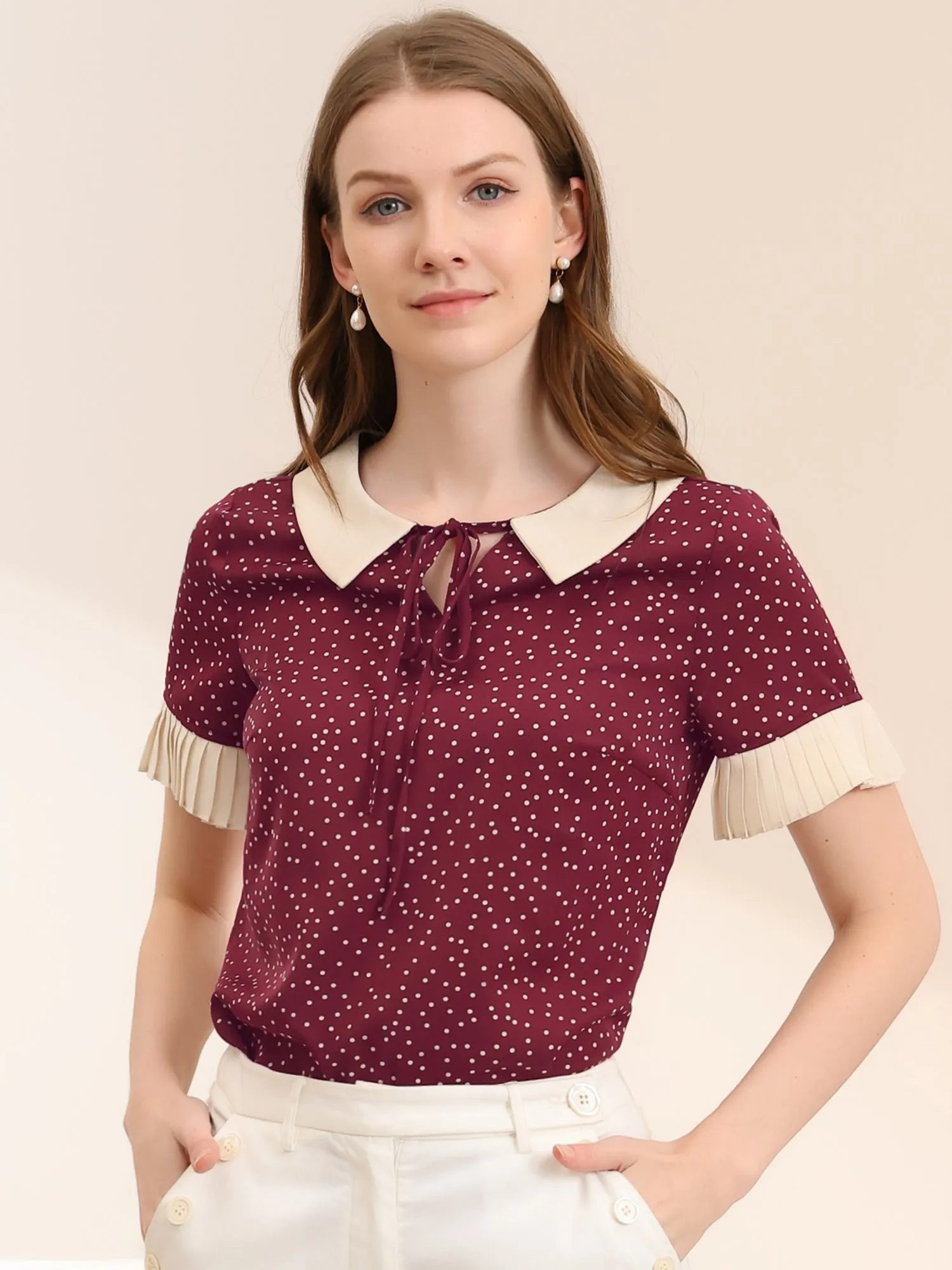 Contrast Doll Collar Polka Dots Tops Short Sleeve Blouse