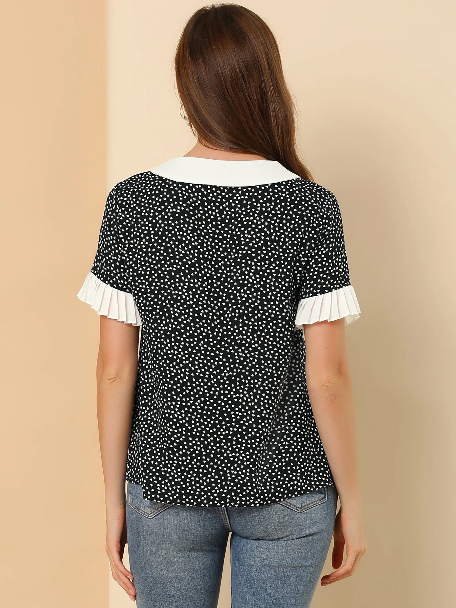Contrast Doll Collar Polka Dots Tops Short Sleeve Blouse