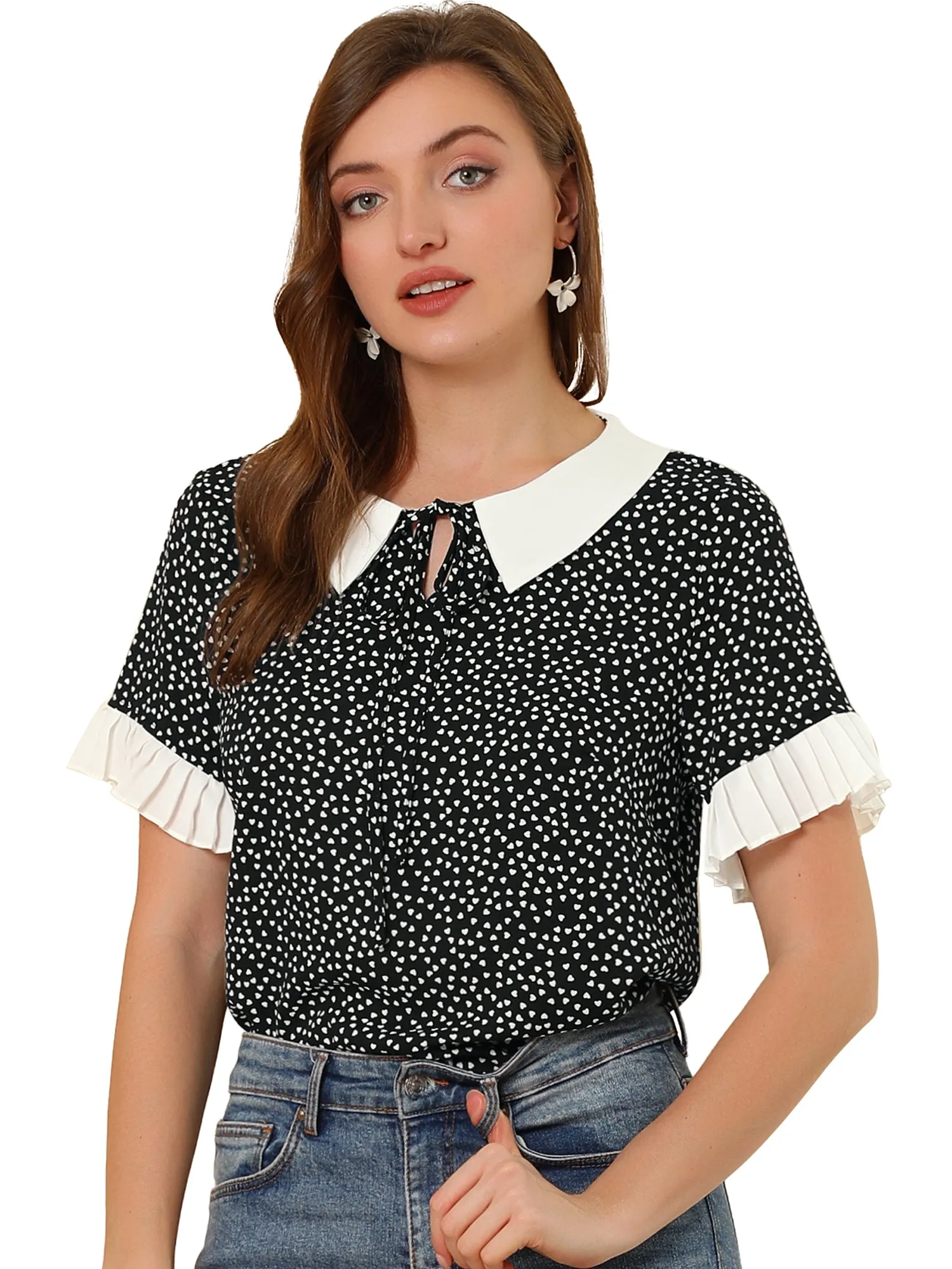 Contrast Doll Collar Polka Dots Tops Short Sleeve Blouse