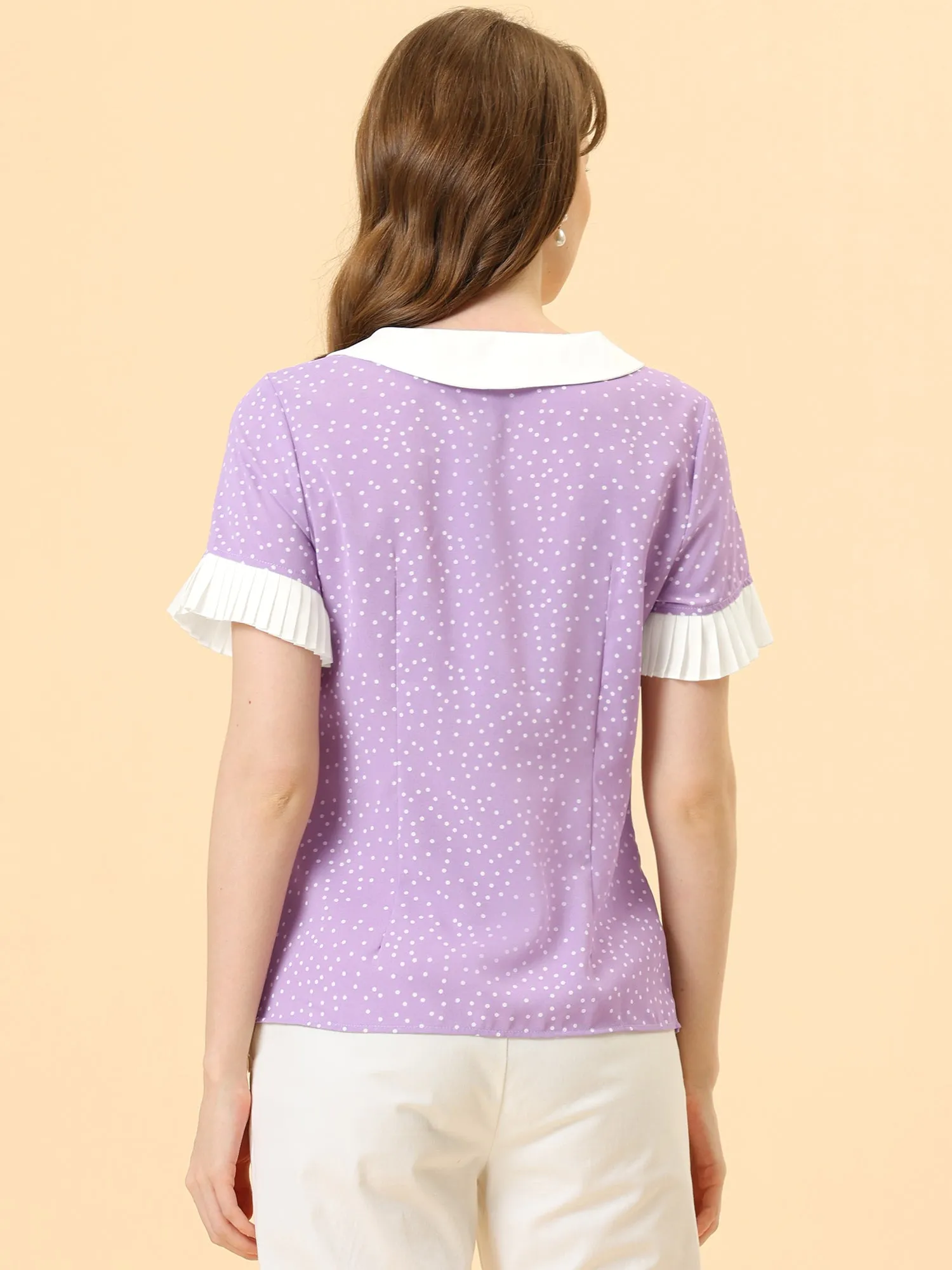 Contrast Doll Collar Polka Dots Tops Short Sleeve Blouse