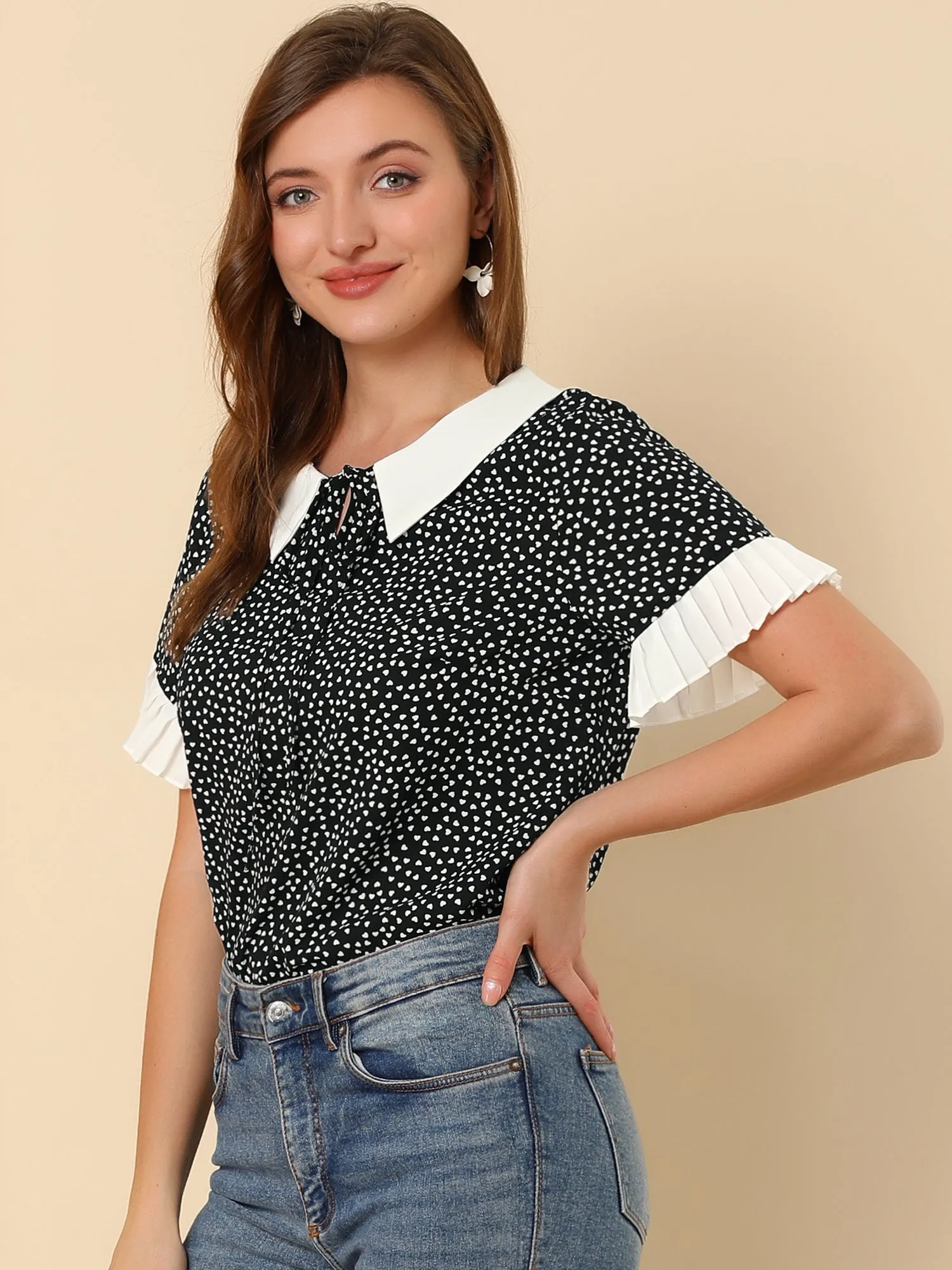 Contrast Doll Collar Polka Dots Tops Short Sleeve Blouse