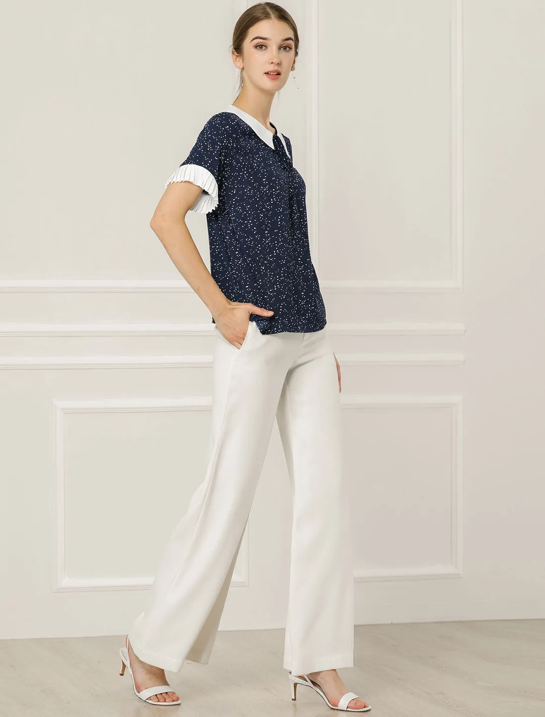 Contrast Doll Collar Polka Dots Tops Short Sleeve Blouse