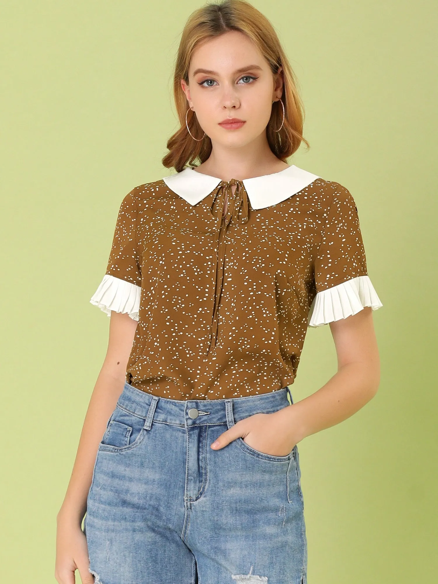 Contrast Doll Collar Polka Dots Tops Short Sleeve Blouse
