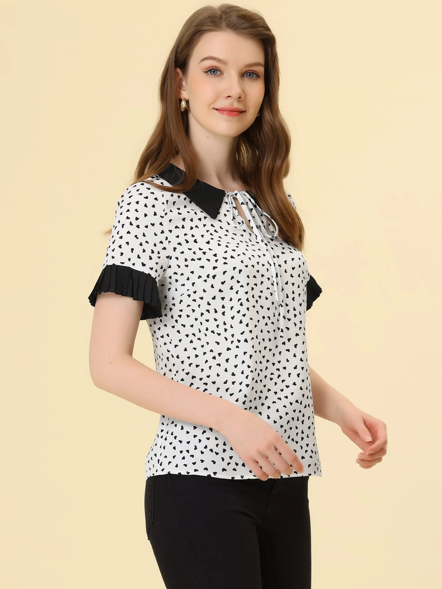 Contrast Doll Collar Polka Dots Tops Short Sleeve Blouse