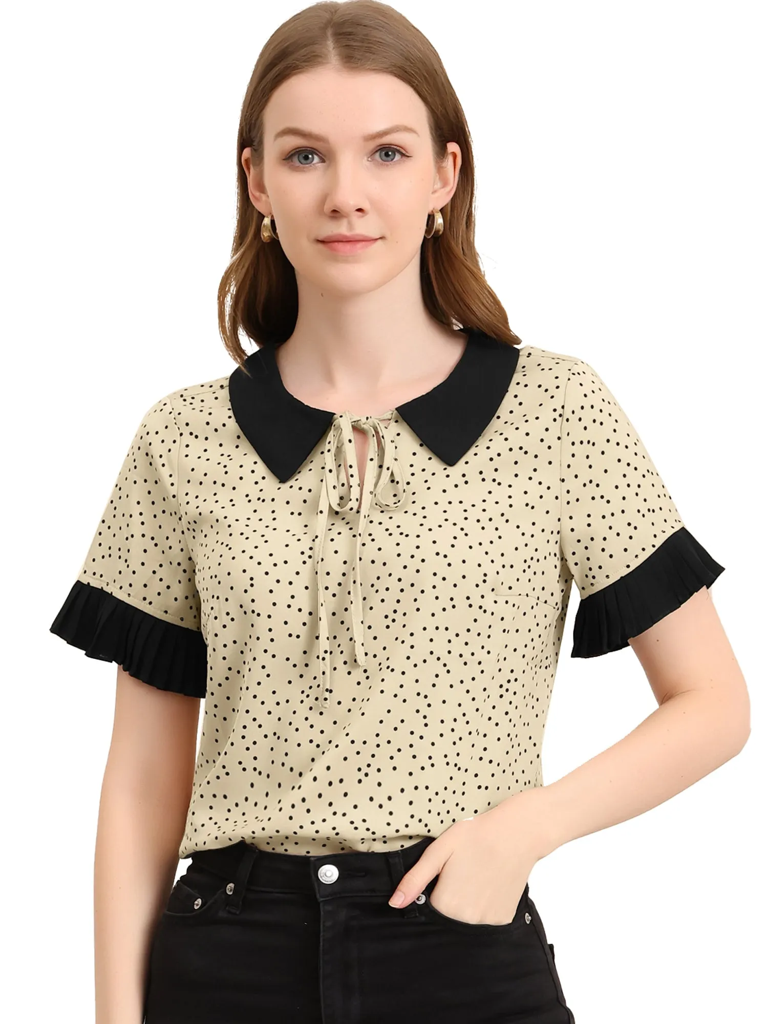 Contrast Doll Collar Polka Dots Tops Short Sleeve Blouse
