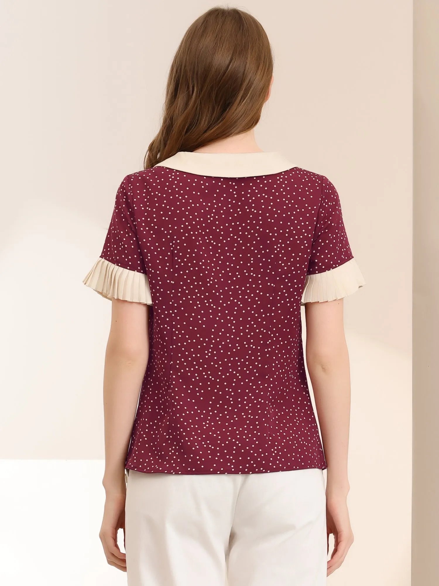 Contrast Doll Collar Polka Dots Tops Short Sleeve Blouse
