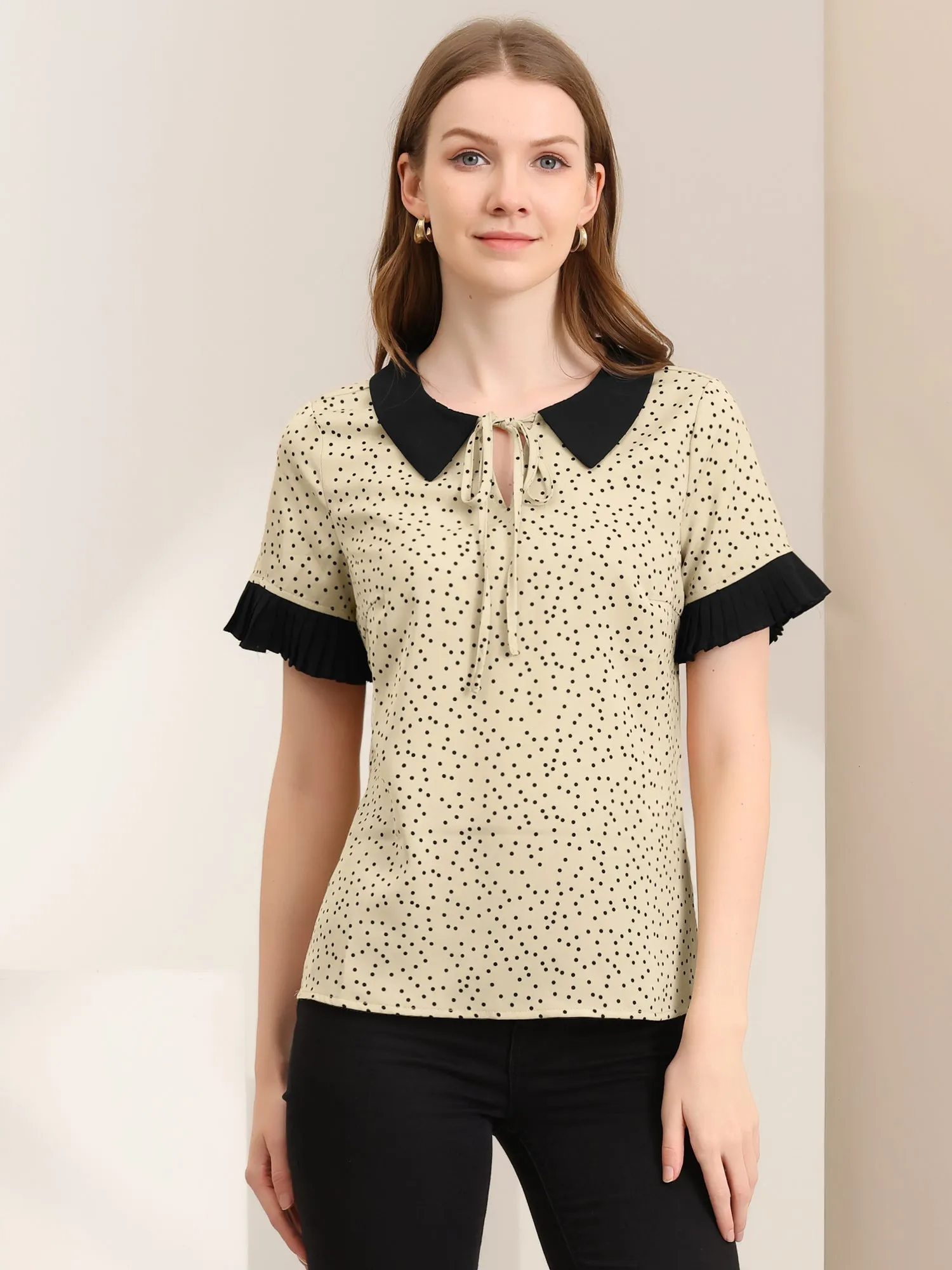 Contrast Doll Collar Polka Dots Tops Short Sleeve Blouse