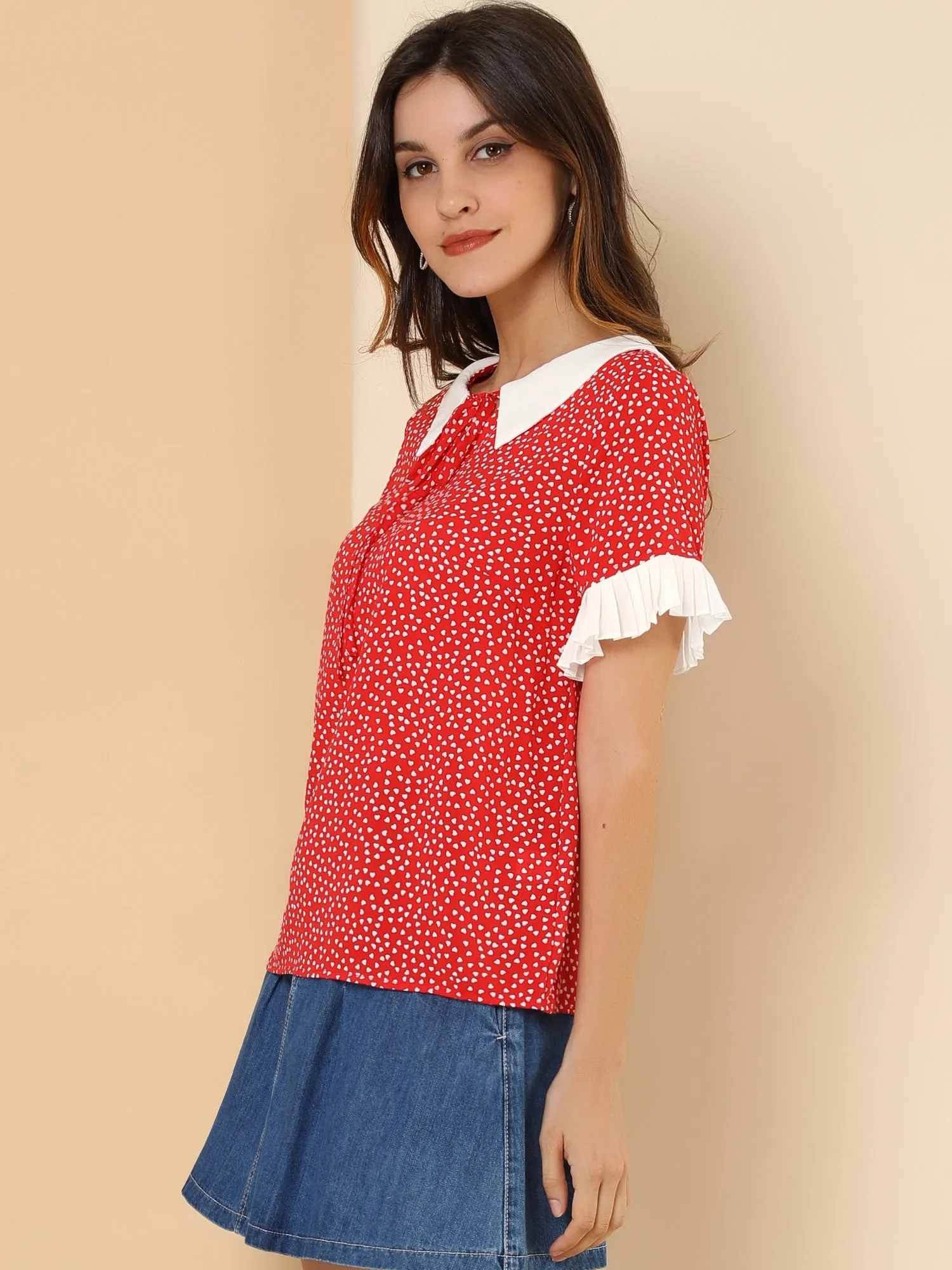 Contrast Doll Collar Polka Dots Tops Short Sleeve Blouse