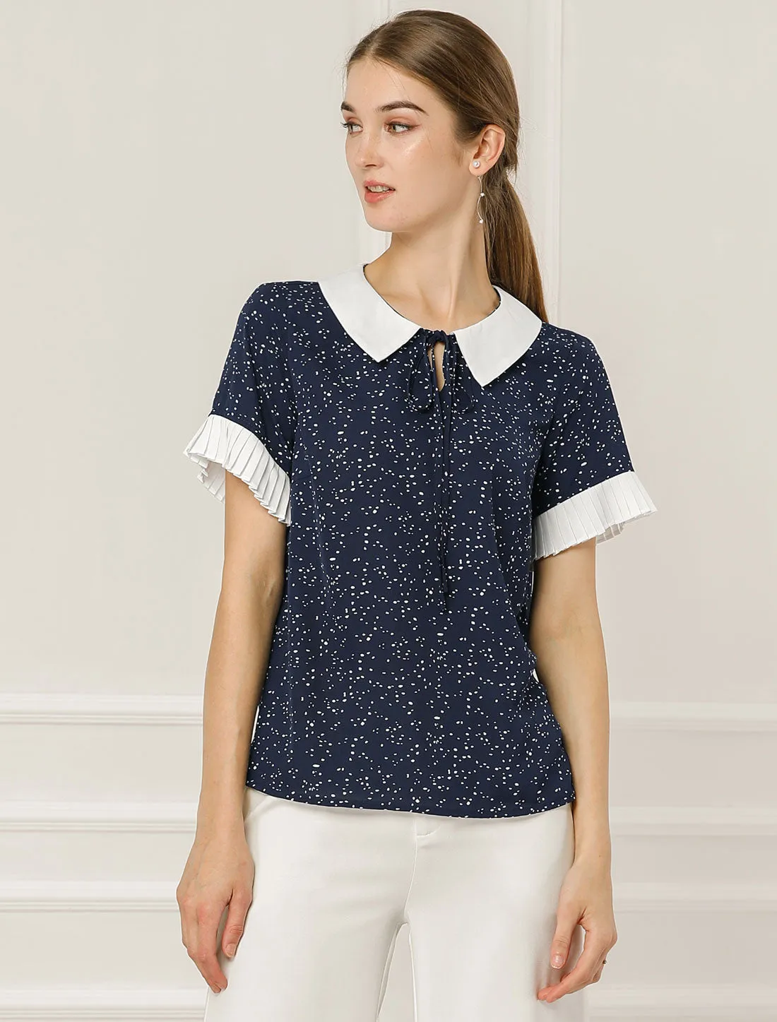 Contrast Doll Collar Polka Dots Tops Short Sleeve Blouse