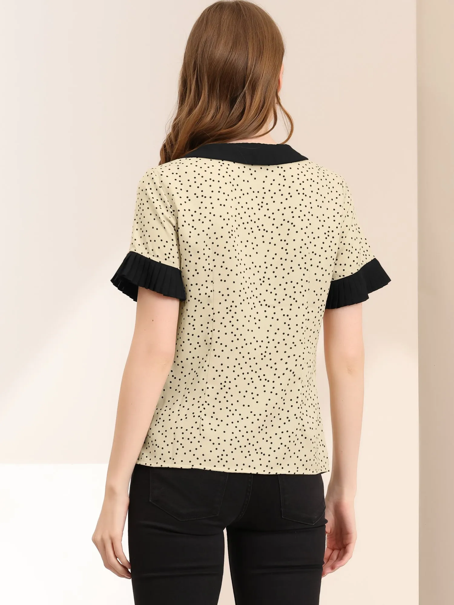 Contrast Doll Collar Polka Dots Tops Short Sleeve Blouse