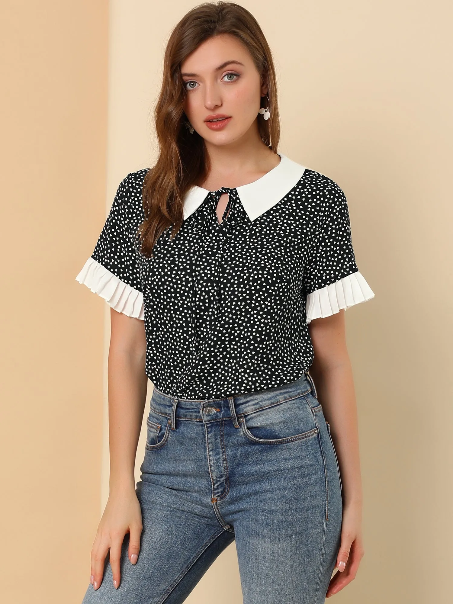 Contrast Doll Collar Polka Dots Tops Short Sleeve Blouse