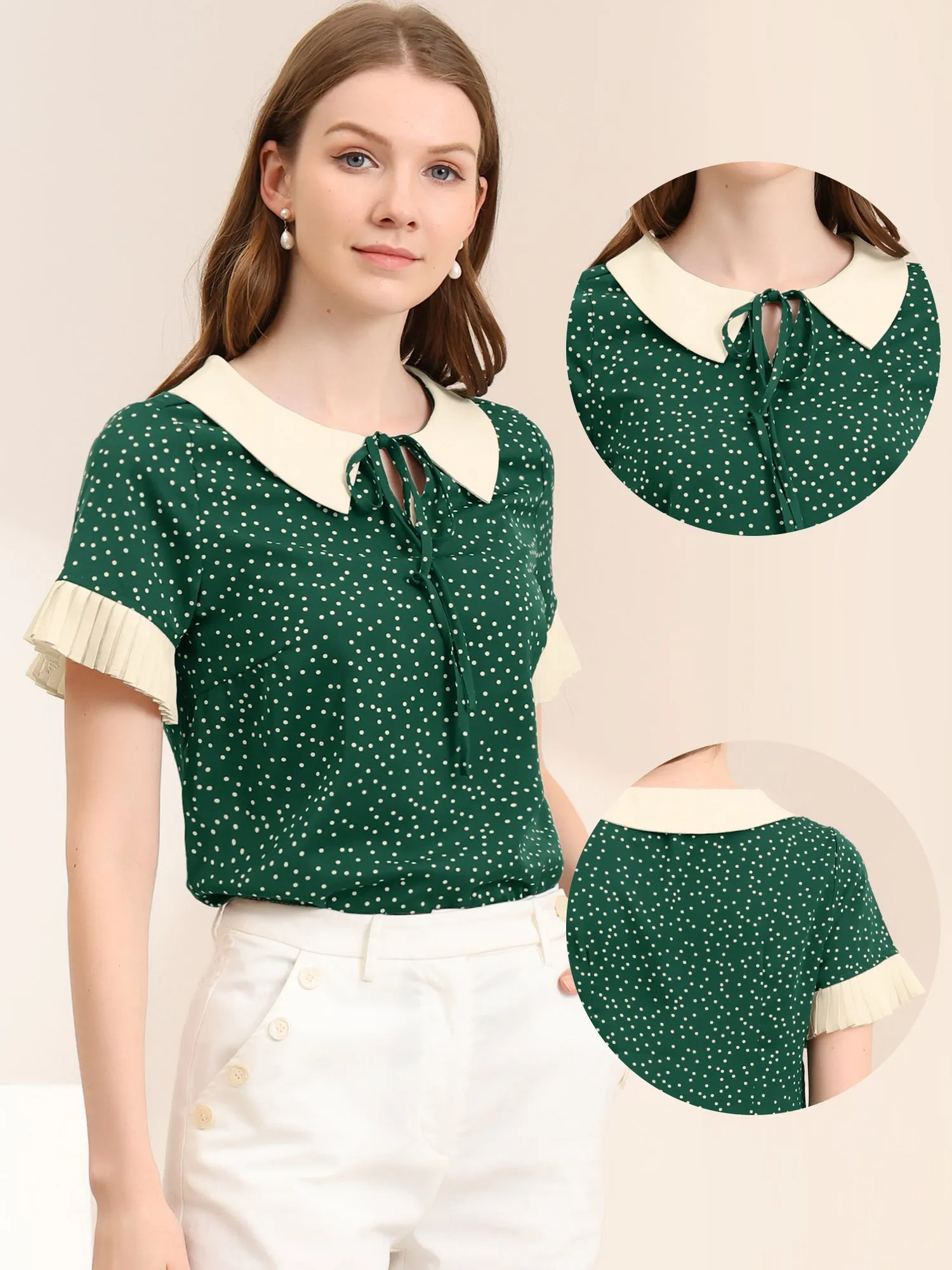 Contrast Doll Collar Polka Dots Tops Short Sleeve Blouse
