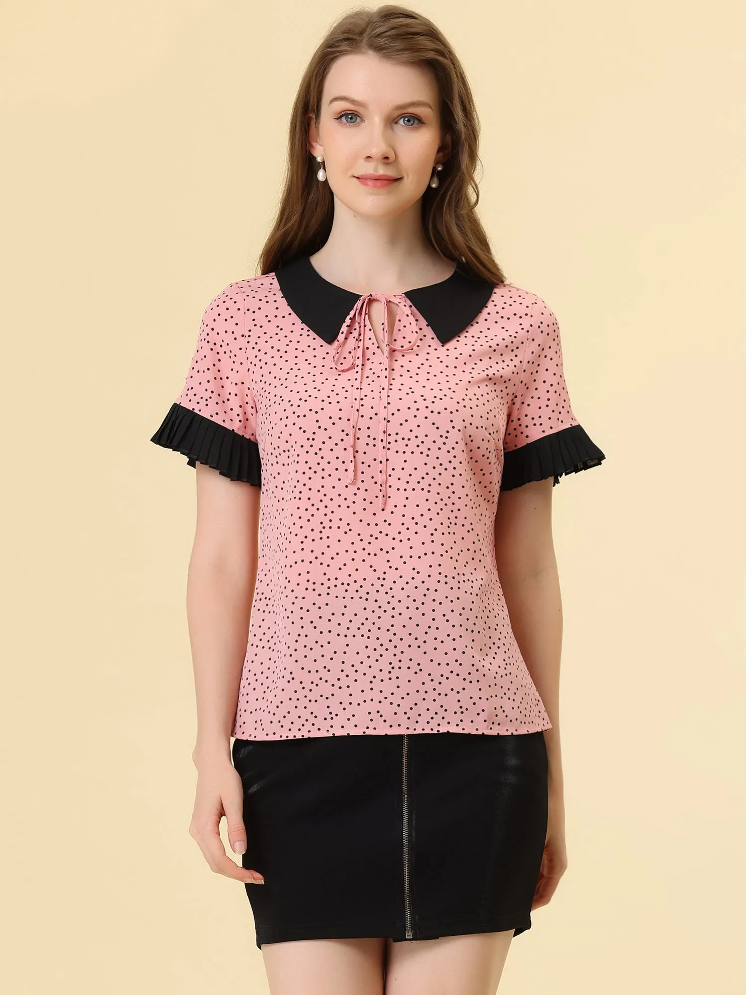 Contrast Doll Collar Polka Dots Tops Short Sleeve Blouse