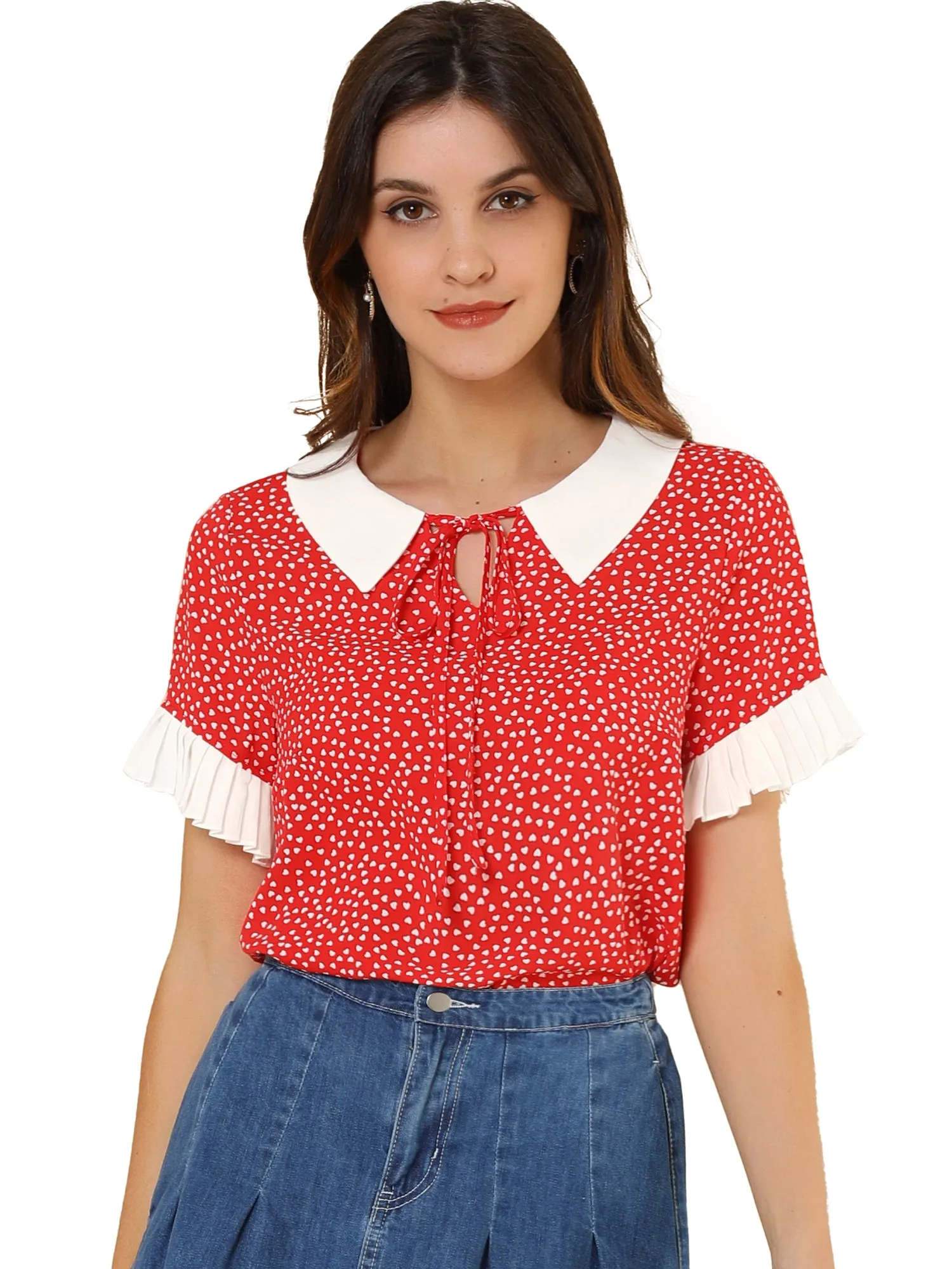 Contrast Doll Collar Polka Dots Tops Short Sleeve Blouse