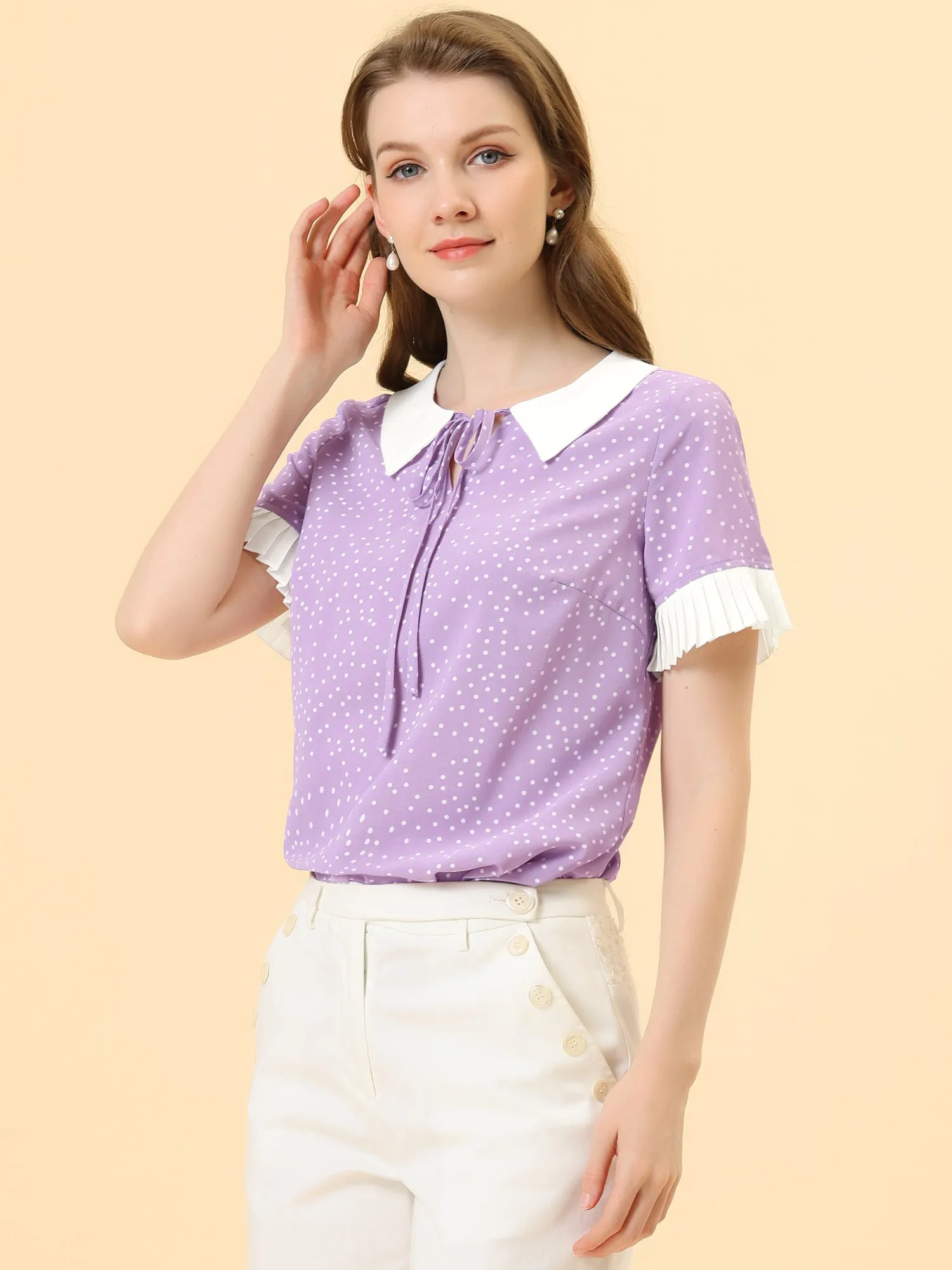 Contrast Doll Collar Polka Dots Tops Short Sleeve Blouse