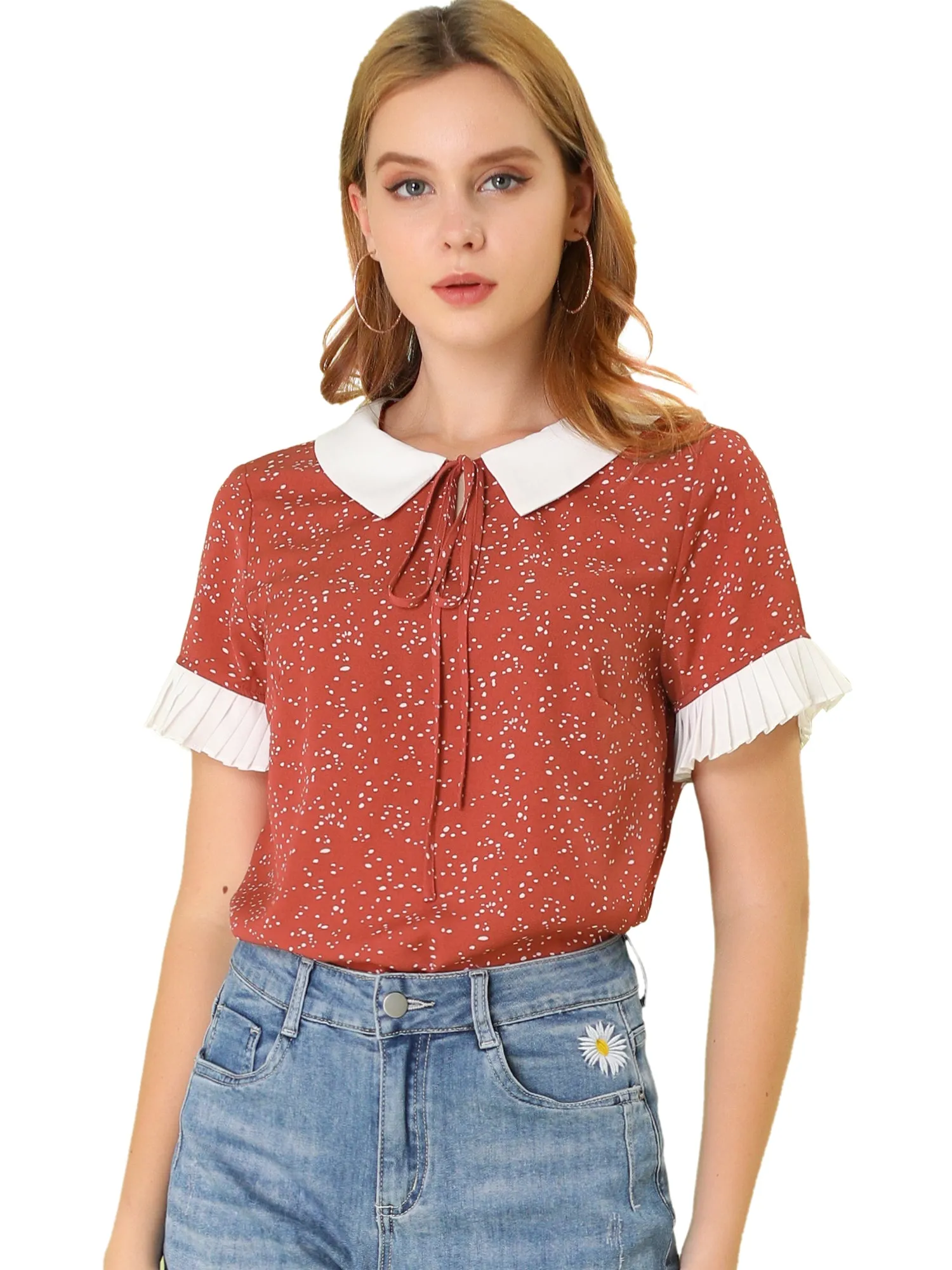 Contrast Doll Collar Polka Dots Tops Short Sleeve Blouse