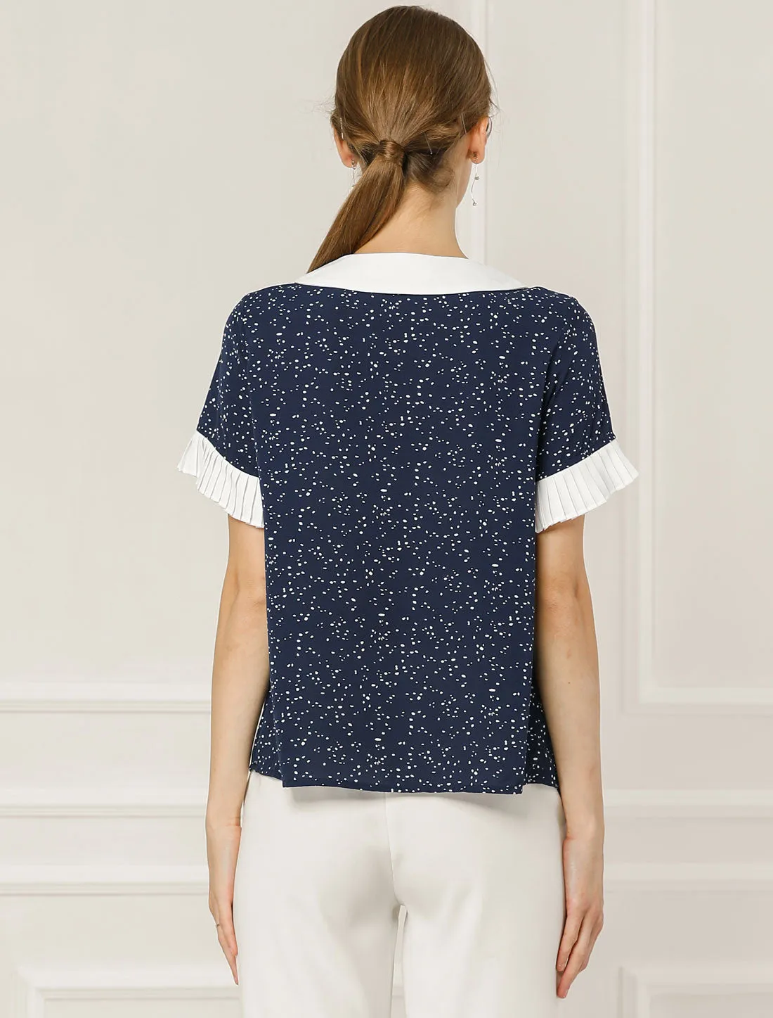 Contrast Doll Collar Polka Dots Tops Short Sleeve Blouse