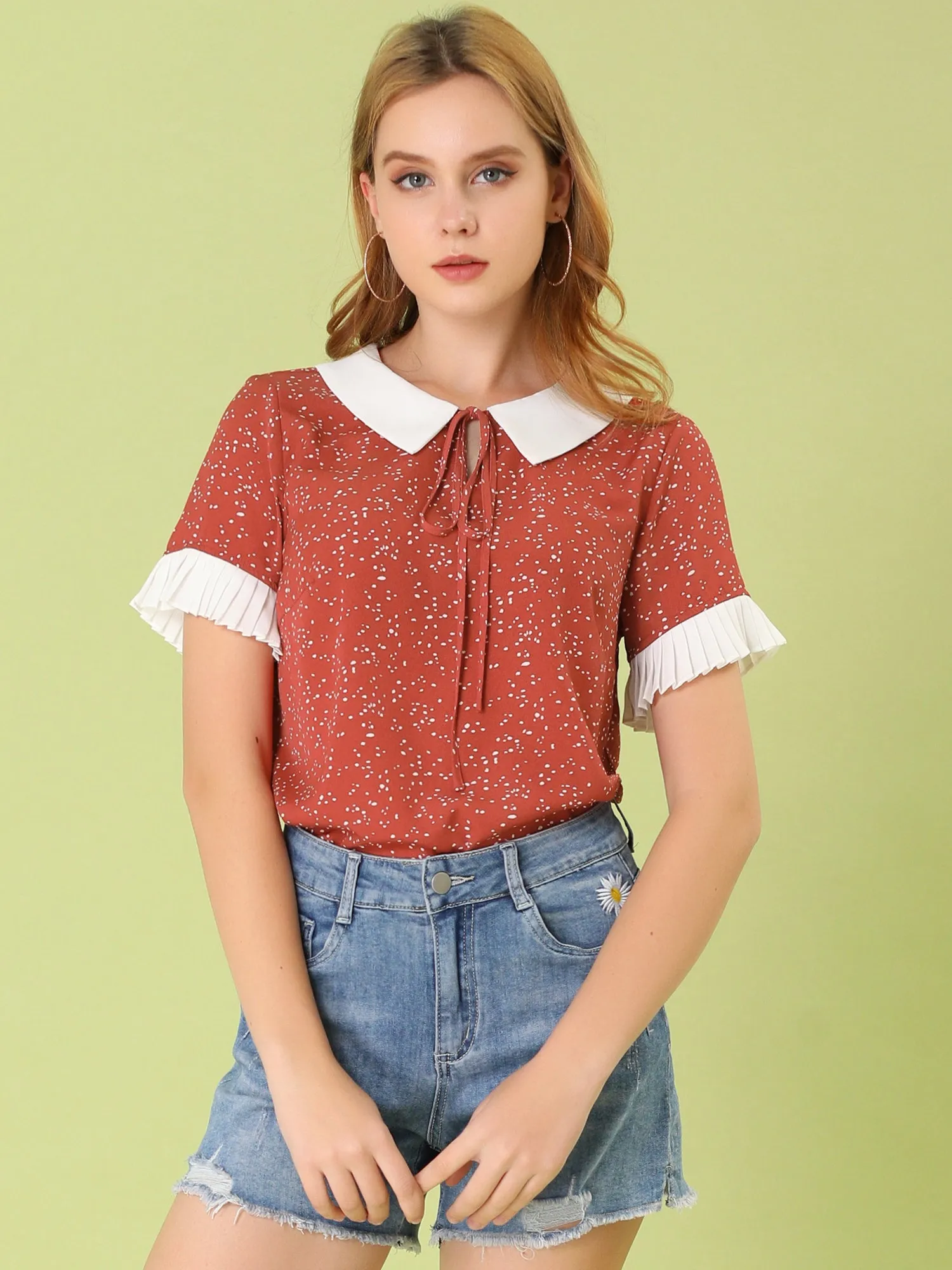 Contrast Doll Collar Polka Dots Tops Short Sleeve Blouse