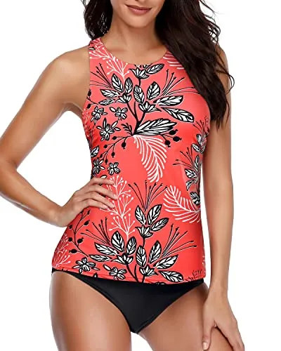 Cute Halter Two Piece Tankini Swimsuits High Neck And Shorts-Red Floral