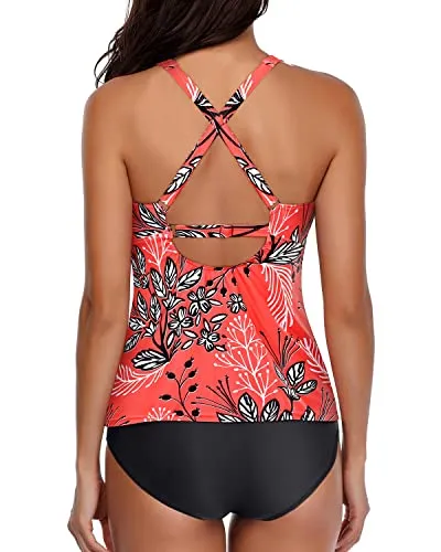 Cute Halter Two Piece Tankini Swimsuits High Neck And Shorts-Red Floral