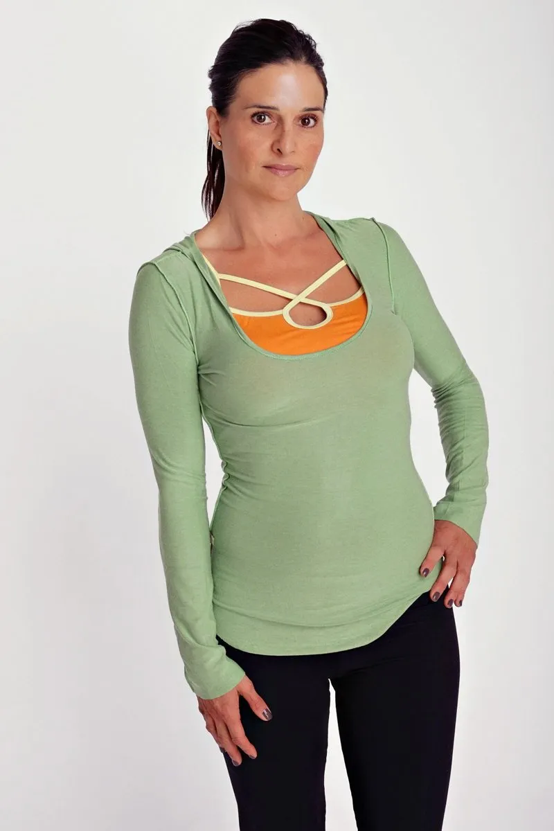 Deep Scoop Neck Long Sleeve Hoodie Top (Bamboo Green)