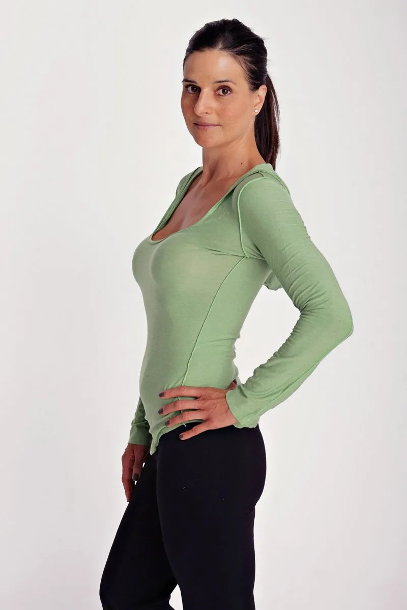 Deep Scoop Neck Long Sleeve Hoodie Top (Bamboo Green)