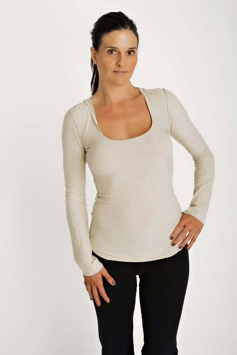 Deep Scoop Neck Long Sleeve Hoodie Top (Sand Beige)