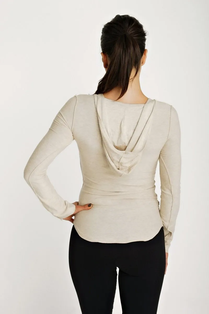 Deep Scoop Neck Long Sleeve Hoodie Top (Sand Beige)