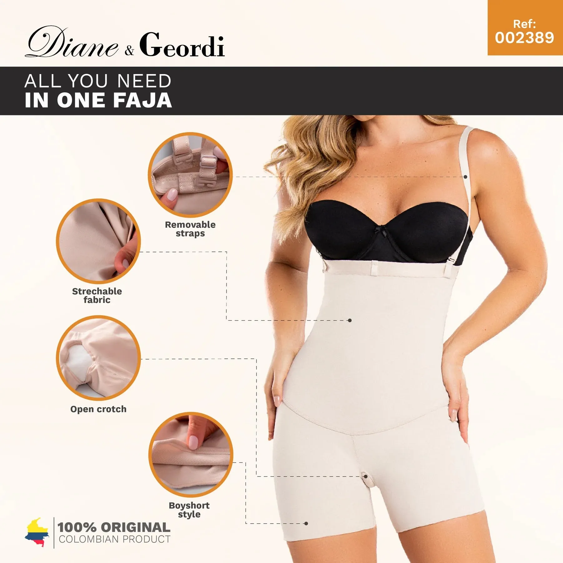 Diane & Geordi 002389 | Postpartum Butt Lifter Bodysuit | Strapless Shapewear Faja Shorts