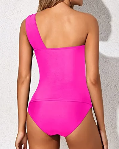 Elegant Shorts Swimsuit Ruched One Shoulder Tankini-Neon Pink