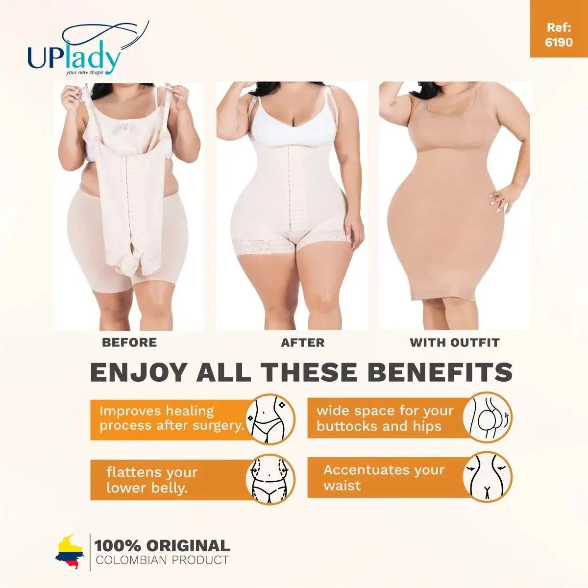 Fajas Colombianas UpLady 6190 | Butt Lifting High Compression Shapewear Bodysuit – Open Bust Design with Wide Hips
