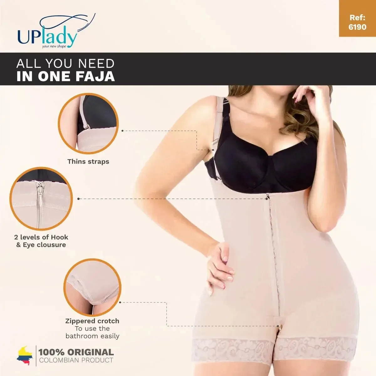Fajas Colombianas UpLady 6190 | Butt Lifting High Compression Shapewear Bodysuit – Open Bust Design with Wide Hips
