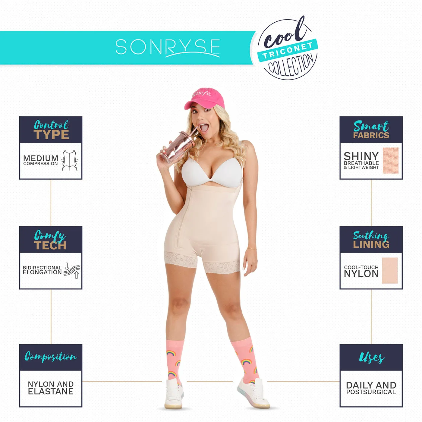Fajas Sonryse TR47BF | Womens Butt Lifting Colombian Shapewear with Front Hooks | Everyday Use and Post Surgery