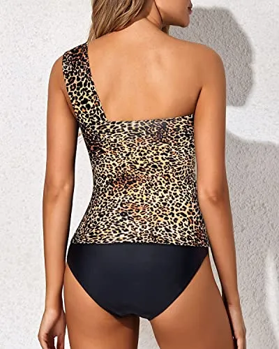 Flattering Backless Swimwear 2 Piece Tankini Bathing Suits For Women Shorts-Black And Leopard