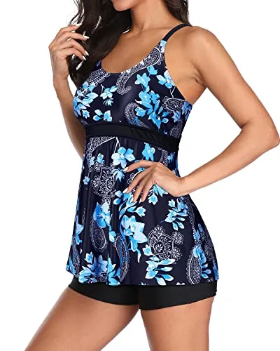 Full Coverage Boyshorts 2 Piece Tummy Control Bathing Suits-Blue Floral
