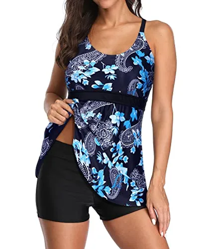 Full Coverage Boyshorts 2 Piece Tummy Control Bathing Suits-Blue Floral