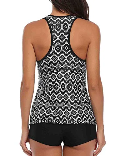 Full Coverage Swimwear Push Up Tankini And Tummy Control Bottom For Women-Black Tribal