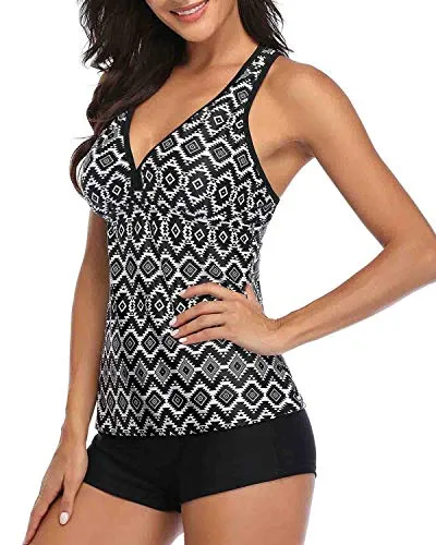 Full Coverage Swimwear Push Up Tankini And Tummy Control Bottom For Women-Black Tribal