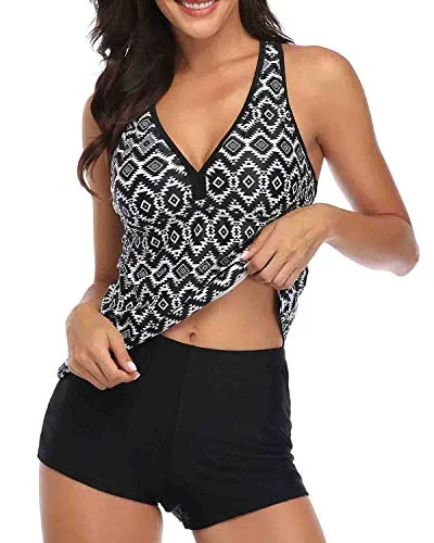 Full Coverage Swimwear Push Up Tankini And Tummy Control Bottom For Women-Black Tribal