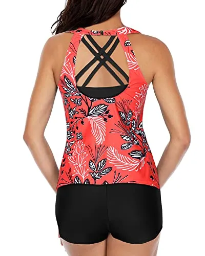 High Neck Tankini Boy Shorts Casual Tankini Set-Red Floral