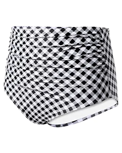 High Waisted Ruched Bikini Bottom Full Coverage Swim Bottom-Black White Plaid