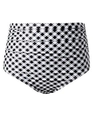 High Waisted Ruched Bikini Bottom Full Coverage Swim Bottom-Black White Plaid